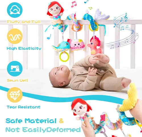 Miniatura 5 de Koty Juguetes para asiento de automóvil colgantes, juguetes de cochecito de sirena azul para bebés de 0 a 6 meses, juguete de asiento de automóvil