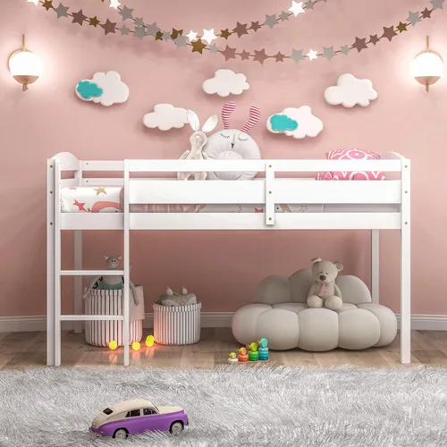 Miniatura 7 de Giantex Cama alta individual con escalera, cama alta de madera de perfil bajo con 30 pulgadas de espacio libre y rieles de protección de seguridad