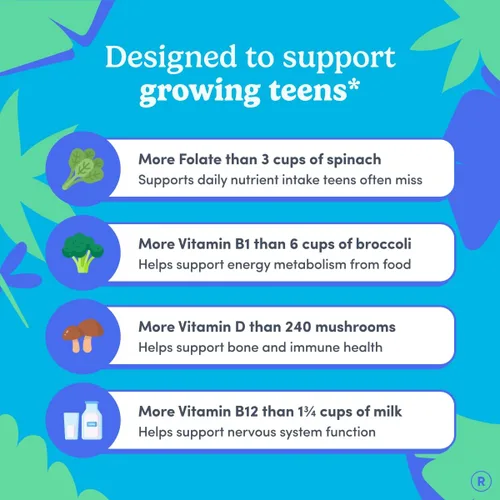 Miniatura 4 de FIRST DAY Vitaminas para Adolescentes - Multivitamínico para Niñas y Niños de 12 a 17 años, Mezcla Orgánica de Frutas y Vegetales - 12 Nutrientes