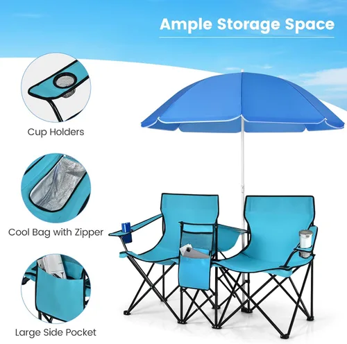 Miniatura 6 de Tangkula Sillas de campamento dobles con paraguas, silla de campamento plegable portátil de 2 asientos con bolsa enfriadora, soporte para bebidas