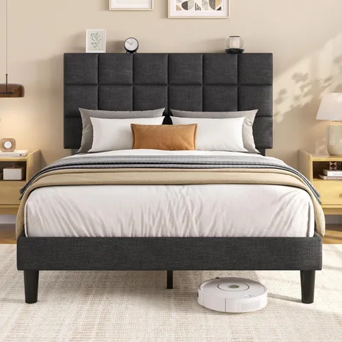 Fluest Base de cama de plataforma completa con cabecero alto tapizado de lino, no necesita somier, esponja EVA antirruido, fácil montaje, envío en