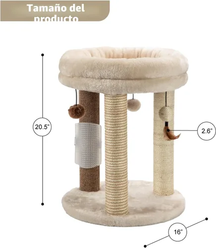 Miniatura 4 de MECOOL Árbol pequeño para gatos 4en1, poste rascador con torre, cama suave, alfombra de sisal, postes de yute con tres juguetes de bola colgante