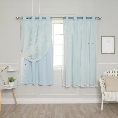 Miniatura 22 de Best Home Fashion Par de cortinas opacas con revestimiento de tul y corte láser, paneles de ventana con ojales plateados para dormitorio, habitación