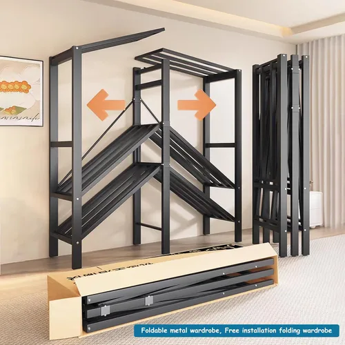Miniatura 4 de Perchero cubierto resistente con puerta magnética, plegable, portátil, para colgar ropa, perchero de metal negro con ruedas (negro, 49.12 pulgadas)