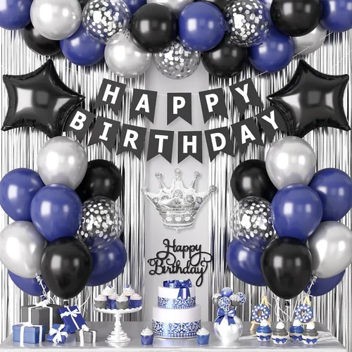 Decoraciones de cumpleaños azul marino y negro para hombres, globo de confeti negro y azul con pancarta de "Happy Birthday", cortinas con flecos,