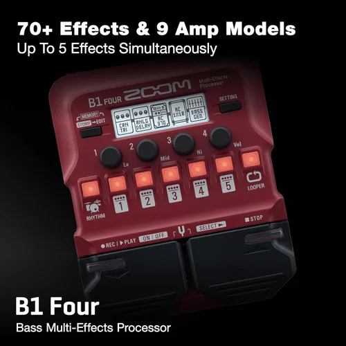 Miniatura 2 de Zoom B1 Four - Pedal procesador de multiefectos para bajo, con más de 60 efectos incorporados, modelado de amplificador, looper, sección rítmica