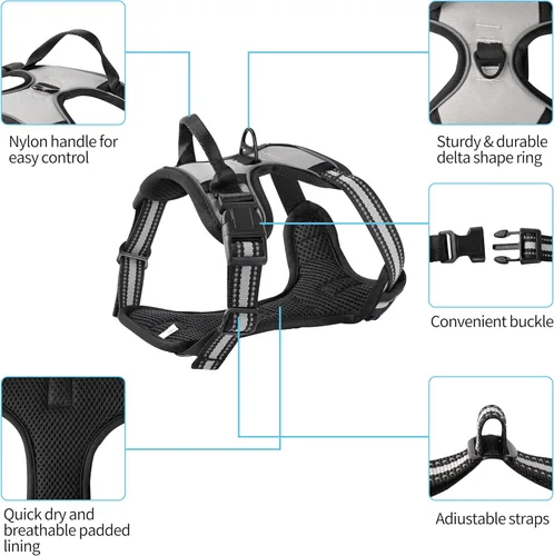 Miniatura 2 de Arnés gris sin tirones para perro con 2 clips para correa, chaleco acolchado suave para perros grandes, chaleco reflectante ajustable para perro