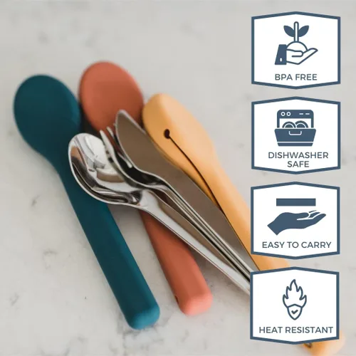 Miniatura 5 de Juego de utensilios de acero inoxidable con funda de silicona, cuchara, tenedor y cuchillo, diseño portátil para viajes, escuela, trabajo y Gris