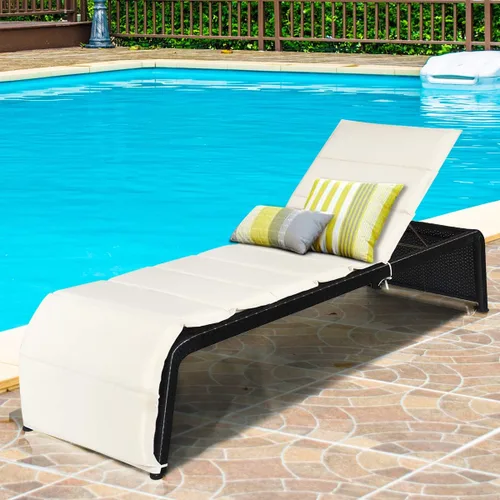 Miniatura 2 de COSTWAY Silla de ratán para patio, silla reclinable acolchada con respaldo ajustable, jardín y piscina (beige)
