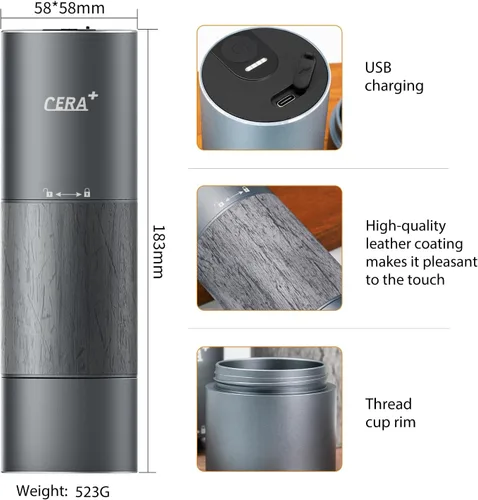 Miniatura 5 de CERA+ CGE01 - Molinillo de café portátil, molinillo de café eléctrico con 90 ajustes precisos de molienda, parada automática y un botón, grano
