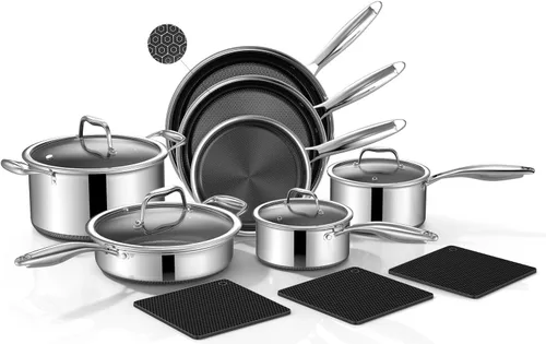 Yoehka Juego de utensilios de cocina híbridos de acero inoxidable de 14 piezas, juego de ollas y sartenes con 3 salvamanteles de silicona |