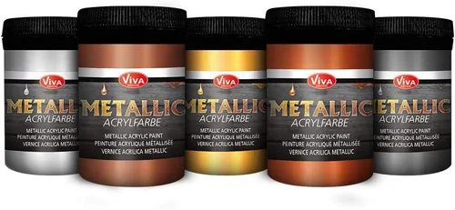 Viva Decor Juego de pinturas acrílicas metálicas, plateado, gris plateado, dorado, bronce, cobre (5 x 3.4 fl oz), efecto metálico glamoroso, también