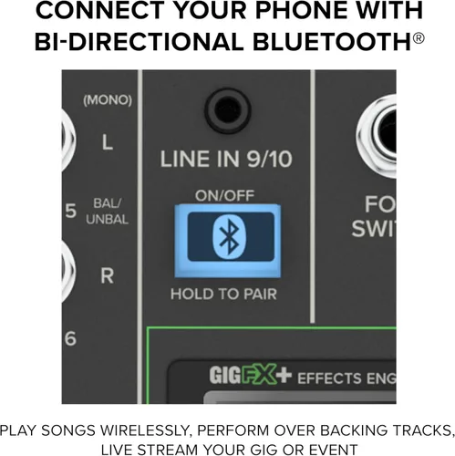 Miniatura 4 de Mackie ProFX10 GO Mezclador de Audio Analógico de 10 Canales con Batería, Bluetooth, Modos de Grabación USB-C, Efectos GigFX+, Preamplificadores
