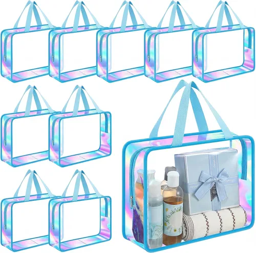 Miniatura 15 de Sweetude Bolsa de aseo transparente grande con asa, bolsa de maquillaje de playa iridiscente de gran capacidad, bolsa de maquillaje de PVC Azul
