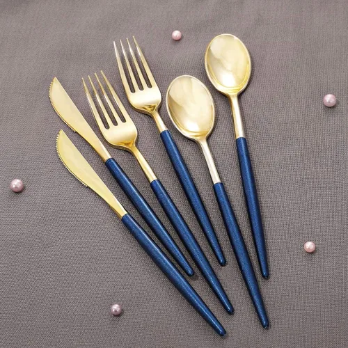 Miniatura 3 de Supernal 180 cubiertos de plástico dorado y azul, cubiertos de plástico dorado con mango de purpurina azul, cubiertos desechables para fiestas