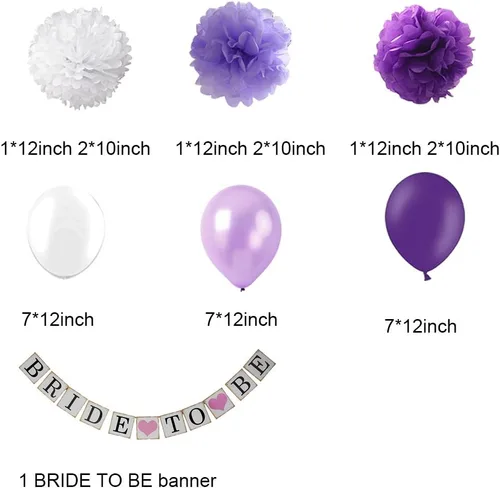 Miniatura 2 de Juego de decoración de despedida de soltera morada, pancarta de novia para ser blanco, lavanda, morado, papel de seda de gran tamaño, pompones