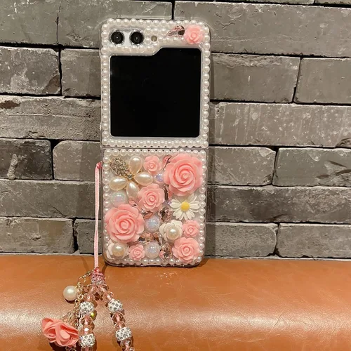 Miniatura 6 de Changjia Funda para Samsung Galaxy Z Flip 5 con brillantina, bonita funda de lujo con diamantes de imitación 3D con diamantes de imitación y flores
