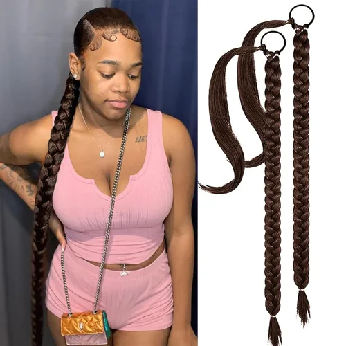 Miniatura 12 de 2 paquetes de 16 pulgadas de extensión de cola de caballo trenzada larga negra para mujeres negras con banda elástica, trenzado recto, extensiones
