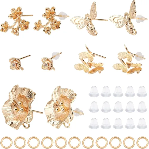Miniatura 14 de CREATCABIN 1 caja 12 aretes de latón chapado en oro de 18 quilates de 2 tamaños, aretes tipo dormilona con circonitas cúbicas con anillos de salto