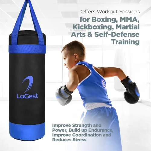 Miniatura 3 de LoGest Juego de saco de boxeo para niños, adecuado para sacos de boxeo para niños de 3 a 8 años de edad, guantes de boxeo y vendas de mano Azul