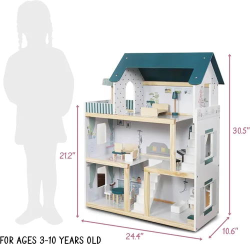 Miniatura 2 de Lil' Jumbl Casa de muñecas de madera para niños, incluye 17 piezas de accesorios y muebles, con balcón y escaleras, casa de muñecas de 3 pisos fácil
