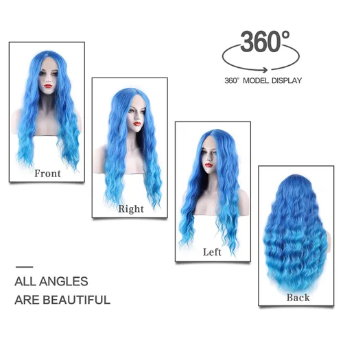 Miniatura 2 de Peluca azul larga natural ondulada sintética de fibra resistente al calor, peluca azul con ondas de agua para Halloween, cosplay, fiesta diaria Azul