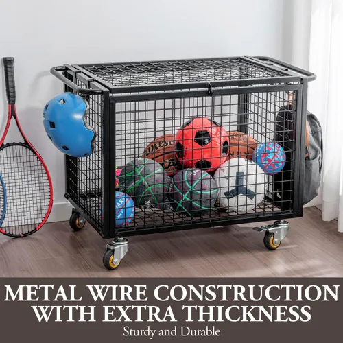 Miniatura 4 de MyGift Carrito de almacenamiento de pelotas deportivas de metal negro para parque infantil, Dodge Ball, baloncesto, pelota de fútbol, canasta