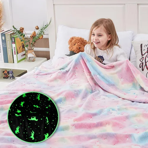Miniatura 2 de Manta que brilla en la oscuridad, diseño de hadas, estrellas y unicornios; manta de vellón de color gris claro, mágica, suave y luminosa