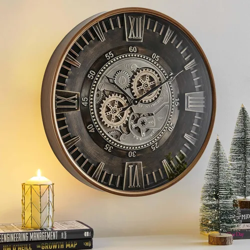 CLXEAST Reloj de pared grande de 24 pulgadas con engranaje móvil para decoración de sala de estar, reloj de pared de metal dorado industrial vintage