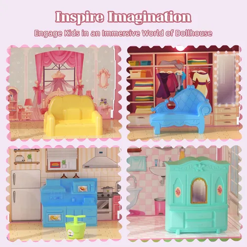 Miniatura 8 de Casa de Muñecas Randhar para Niñas con Luces, 3 Muñecas, 4 Pisos - 13 Habitaciones, 7 Conjuntos de Muebles y Accesorios, Regalo de Diseño