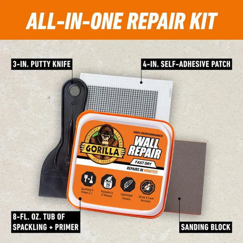 Miniatura 2 de Gorilla - Kit de reparación de pared con revestimiento, resistente, resanador + imprimación en color blanco
