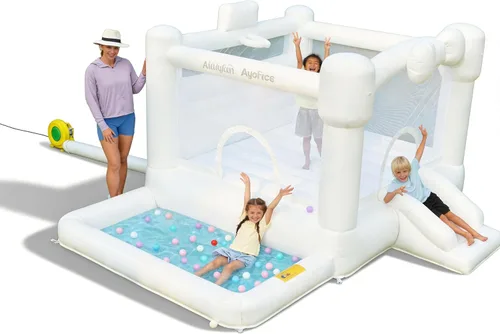 Miniatura 10 de Casa inflable de unicornio con tobogán, casa inflable rosa con soplador de aire, divertido castillo animoso para niñas de 3 a 10 años, ideal