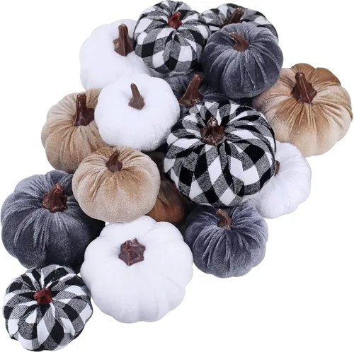 Miniatura 11 de Winlyn Juego de 16 calabazas de terciopelo sintético surtidas, decorativas, color verde azulado, verde, gris, marfil, calabazas de espuma de tela