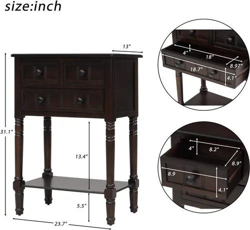 Miniatura 2 de Knocbel Mesa consola estrecha con 3 cajones de almacenamiento y estante inferior, mesa de sofá delgada para espacios pequeños, fácil montaje Espresso