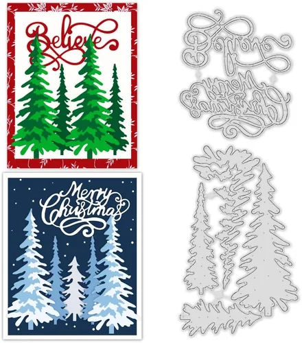 ORIGACH 6 piezas de árbol de pino de Navidad y palabras de Feliz Navidad, troqueladas de metal para hacer tarjetas, manualidades, álbumes de