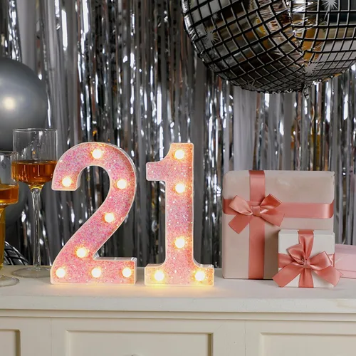 Miniatura 3 de Letrero decorativo con números 21 de marquesina con luz LED, decoración de mesa de cumpleaños, rosa brillante, 1 y 2, adecuado para cumpleaños