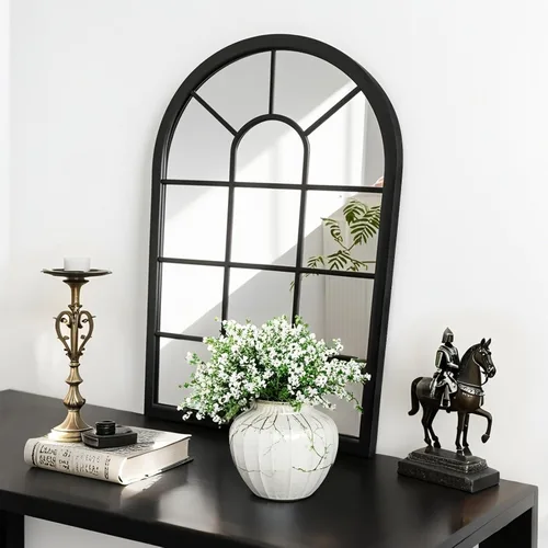 Miniatura 9 de HQiJun Espejo de ventana arqueado negro, espejos de pared decorativos de granja para sala de estar, dormitorio, entrada, tocador de baño, repisa