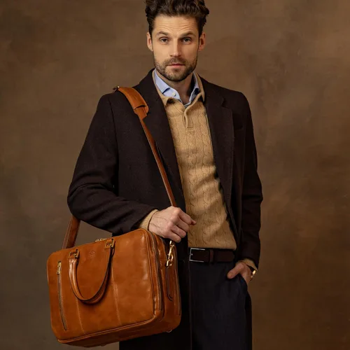 Miniatura 3 de Time Resistance Maletín de cuero para laptop - Bolsa de cuero de grano completo para computadora para hombres y mujeres Cuero Coñac
