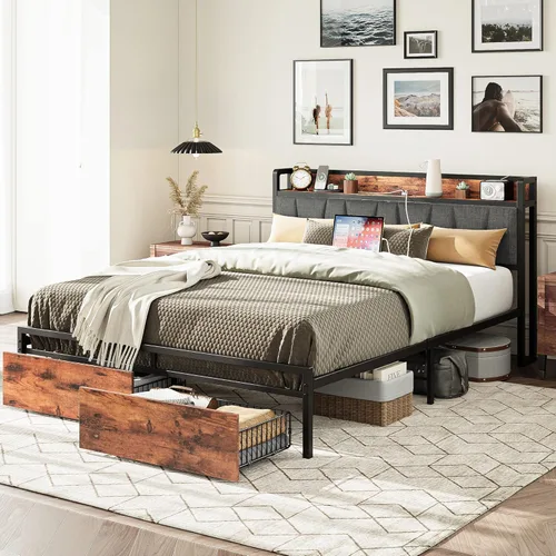 Miniatura 19 de LIKIMIO Base de cama tamaño King, cabecera de almacenamiento con estación de carga, cama de plataforma con cajones, no necesita somier, fácil Marrón