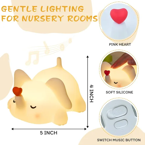 Miniatura 3 de Luz nocturna de elefante para niños con música, lámpara de silicona blanda para guardería, linda luz de animal de 3 niveles regulable y recargable