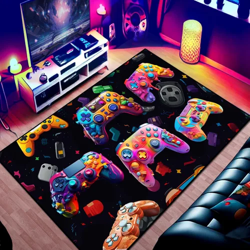 Miniatura 9 de Alfombra de área de juego para adolescentes, alfombra de 3D transparente con diseño de gamepad y controlador de juego de fondo de bomba colorida