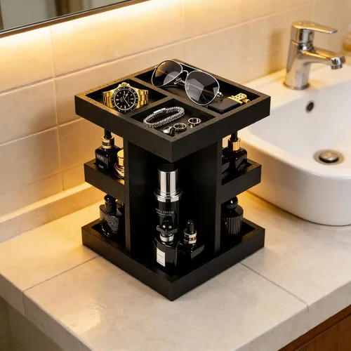 Miniatura 9 de Organizador de colonia para hombres, estante de perfume de madera de gran capacidad de 3 niveles con rotación de 360 grados, soporte de colonia