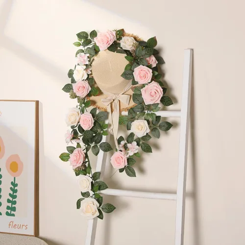 Miniatura 2 de Senseya Guirnalda de flores de rosas artificiales de 5 pies, vid floral falsa rosa rubor con hojas de rosa, guirnalda de flores rústicas para telón