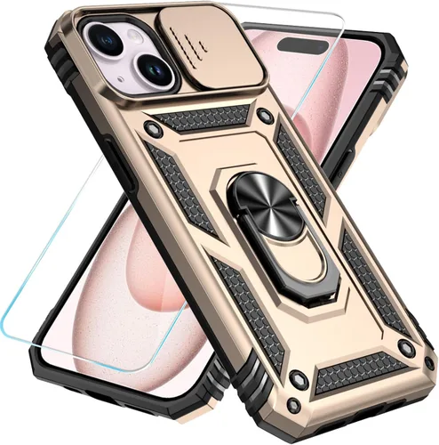 Miniatura 27 de SunStory Funda compatible con iPhone 15 con protector de pantalla HD, cubierta de cámara deslizante y soporte de anillo giratorio, [grado militar]