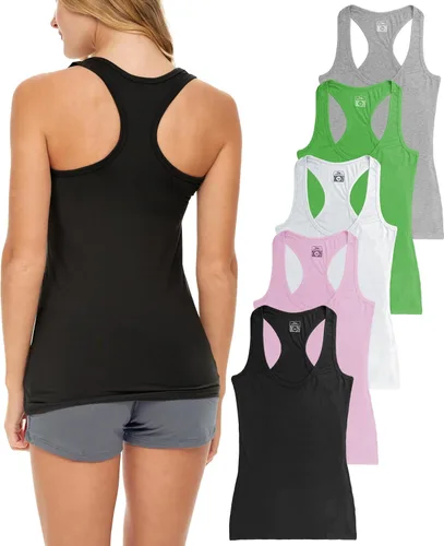 Miniatura 10 de Sexy Basics Paquete de 5 camisetas sin mangas PowerFlex con espalda nadadora para mujer / Camisetas sin mangas elásticas de algodón y elastano