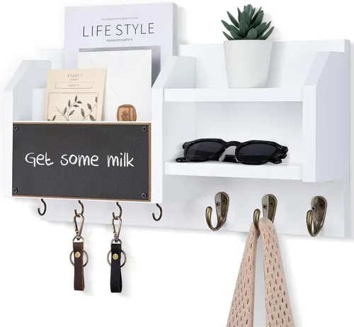 Miniatura 10 de Lwenki Soporte para llaves y correos – Colgador de pared para llaves con estante y 7 ganchos de metal – Organizador decorativo de entrada de madera