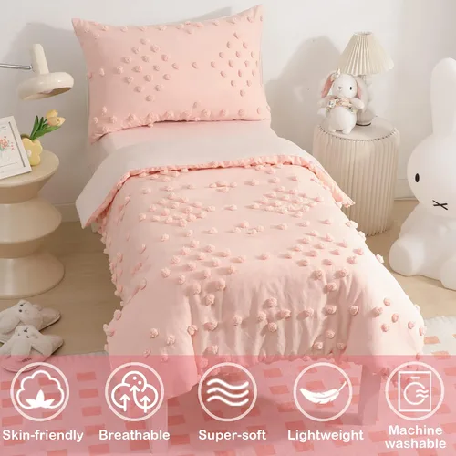 Miniatura 2 de Juego de ropa de cama para niñas pequeñas de 4 piezas, jacquard rosa con pompones y mechones, estilo bohemio boho con puntos mechonados, juego