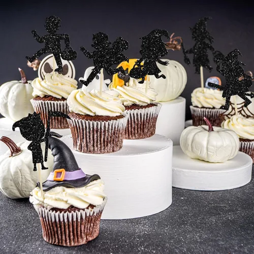 Miniatura 6 de Gyufise 24 adornos de Halloween para cupcakes con purpurina negra para dulce o truco de Halloween, decoraciones para baby shower, niños y niñas