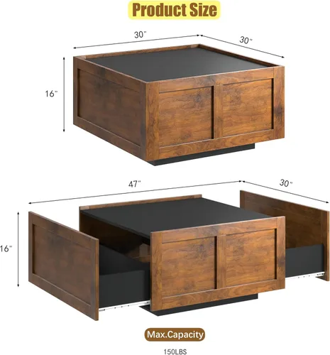 Miniatura 2 de HedoAjim - Mesa de centro de granja con 2 cajones de almacenamiento para sala de estar, mesa cuadrada central moderna, mesa de cóctel contemporánea