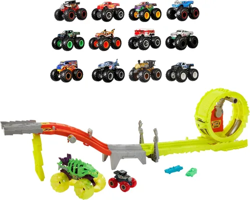 Miniatura 7 de Hot Wheels Monster Trucks - Juego de 4 juguetes, paquete de 4 vehículos Fang Frenzy a escala 1:64, ruedas gigantes, personajes favoritos